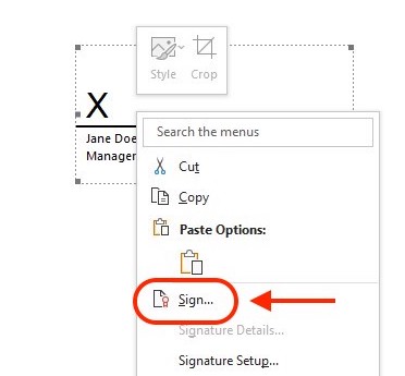 Microsoft Word signature line right-click menu with the “Sign…” option highlighted.