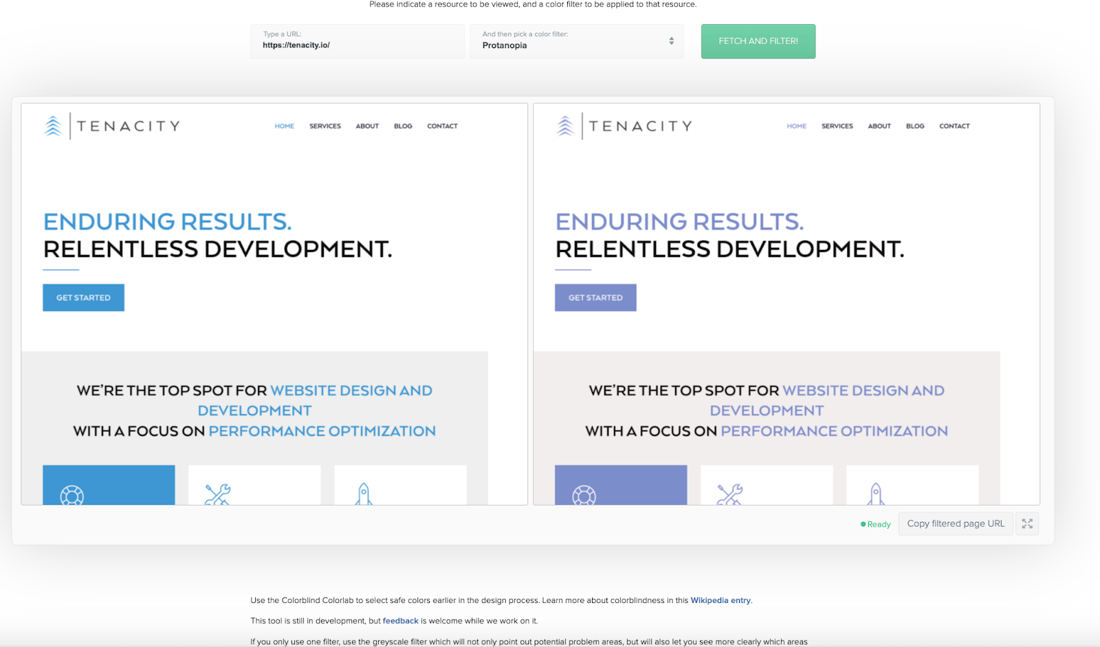 A screen capture of the Toptal website accessibility tool looking at the colors on the Tenacity site.