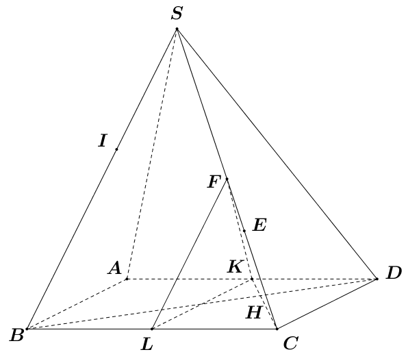 11. Cho hình chóp (S.ABCD) có thể tích bằng (36{a^3}sqrt 2 ), (AB = 6a,) tam giác (SAB) đều, tứ giác (ABCD) là hình bình hành. Gọi (I) là điểm thuộc đường thẳng (SB) sao cho (overrightarrow {SI}  = frac{2}{5}overrightarrow {SB} ), (E) là điểm thuộc đường thẳng (SC)sao cho (overrightarrow {SE}  = frac{2}{3}overrightarrow {SC} ), gọi (H) là trọng tâm tam giác (ACD). Tính khoảng cách giữa hai đường thẳng (AI) và (HE). </p> 1