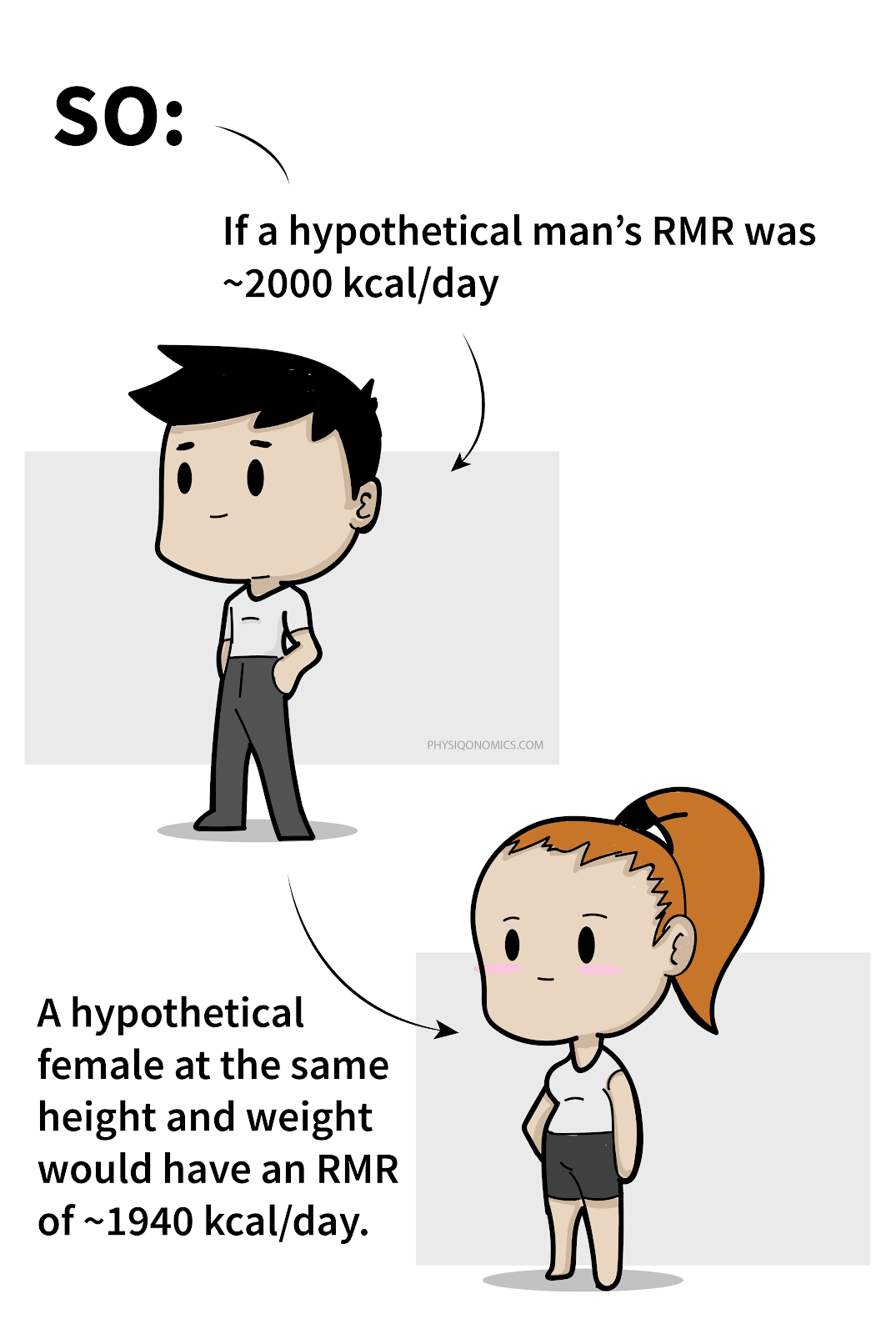 A guy and girl standing with a description showing the difference in resting metabolic rate between the two. 