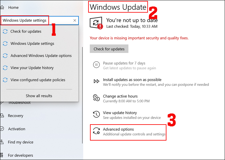 Bạn gõ Windows Update settings vào thanh tìm kiếm > Windows Update mở ra > Chọn Advanced options