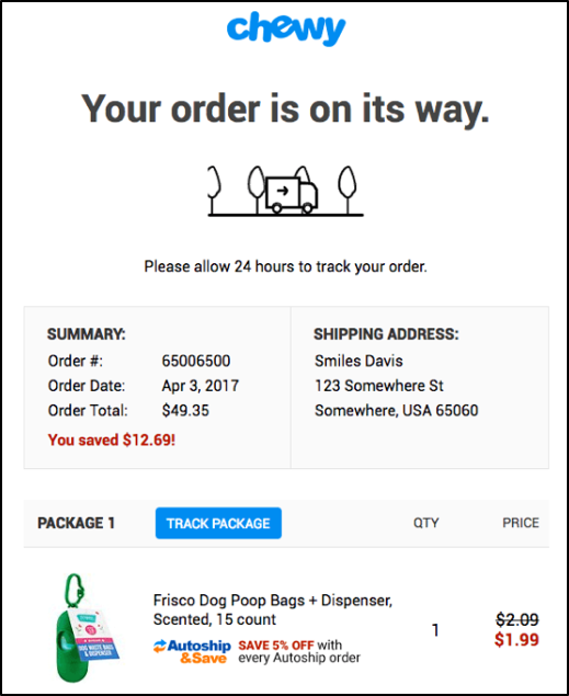 Example Sales & Order Confirmation Email - Source: Chewy | TheBloggingBox.com