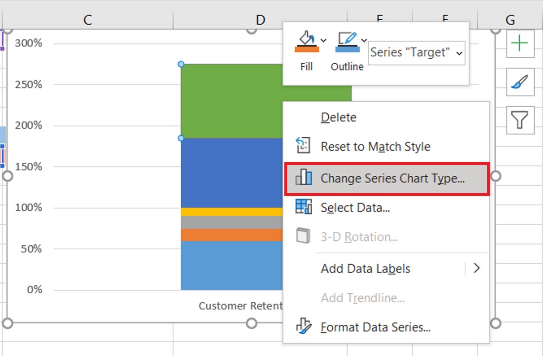 Right Click on the Green bar and select the Change Series Chart Type option