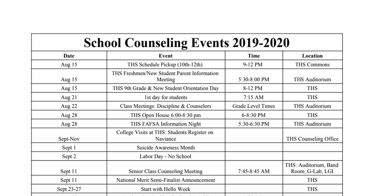 THS School Counseling Events Calendar
