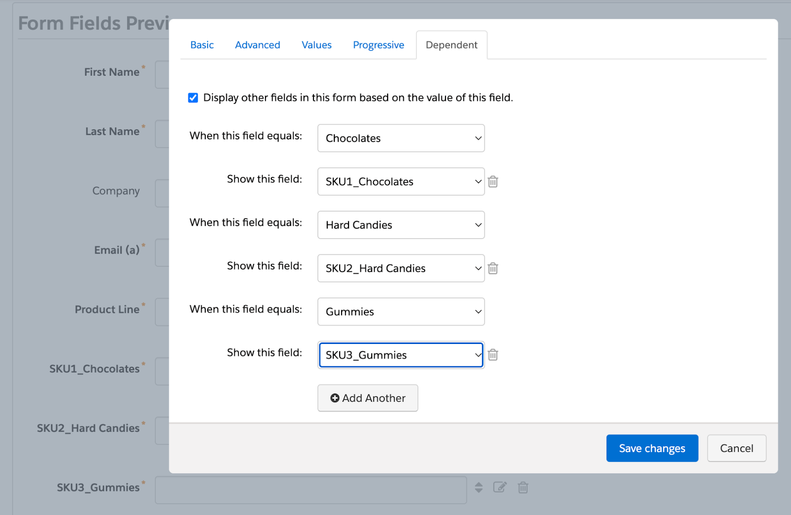 An image of a dependent field in Pardot.