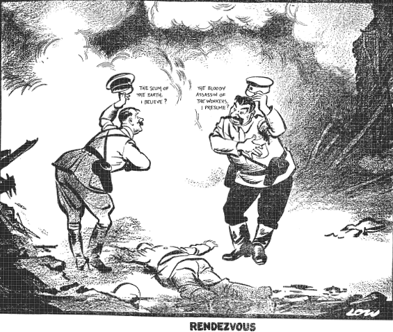 Image of David Low's 1939 cartoon, "Rendezvous," published in the Evening Standard, criticizing Stalin and Hitler's invasion of Poland. Illustrating piece on the importance of a political sense of humor (Wikipedia) spectator.org