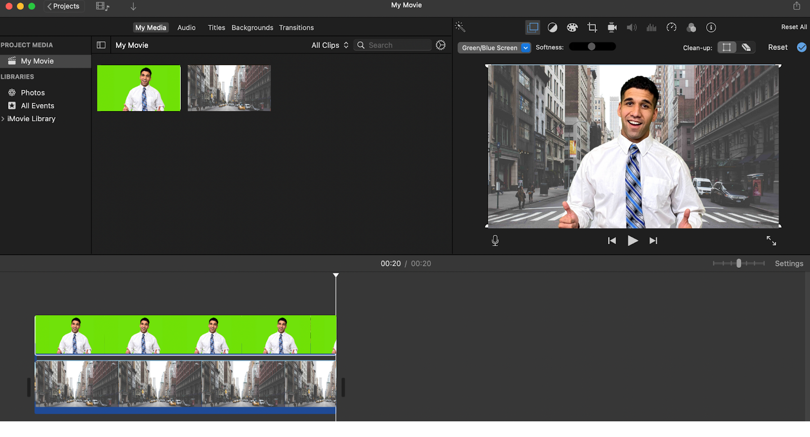 iMovie showing how to use custom background overlays on a green screen. 