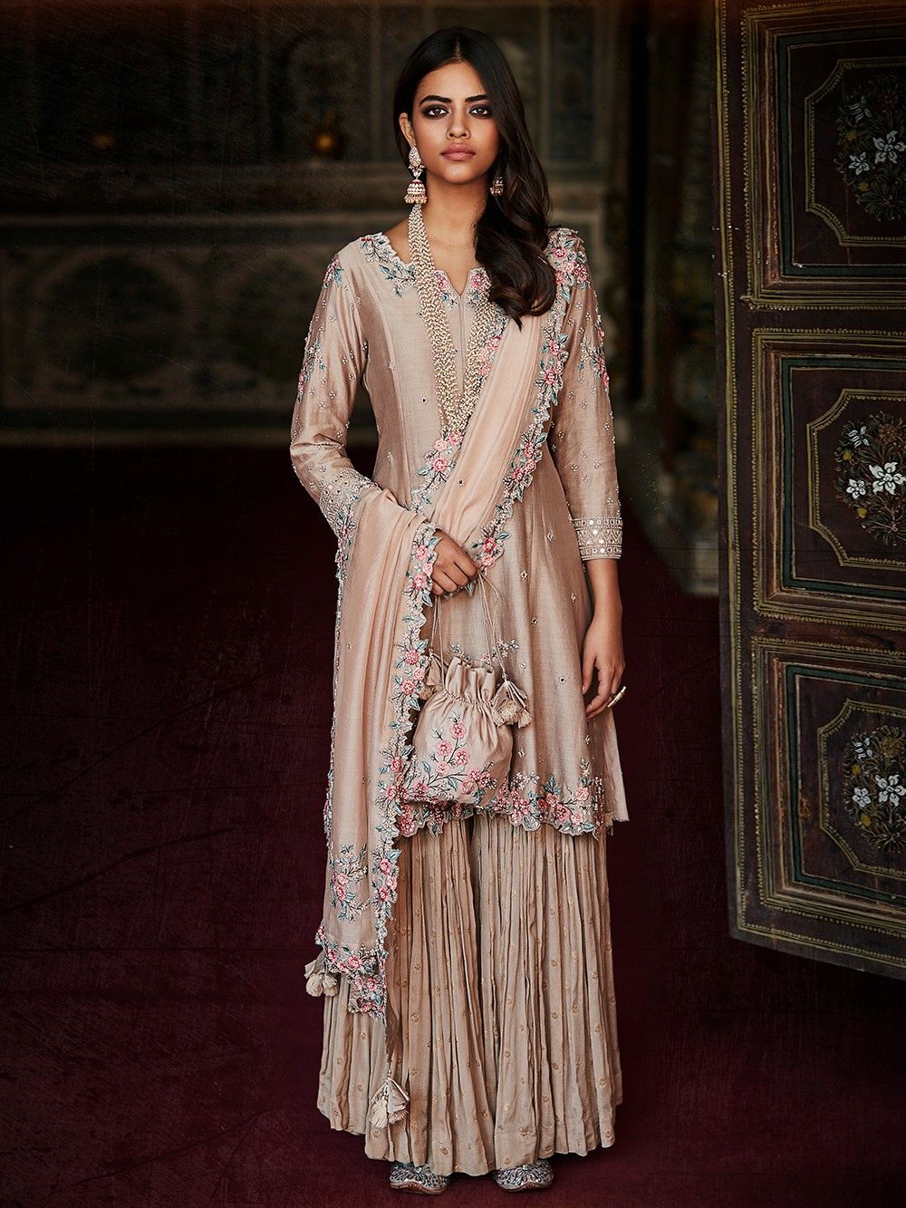 buy old rose hand embroidered chanderi silk sharara suit set