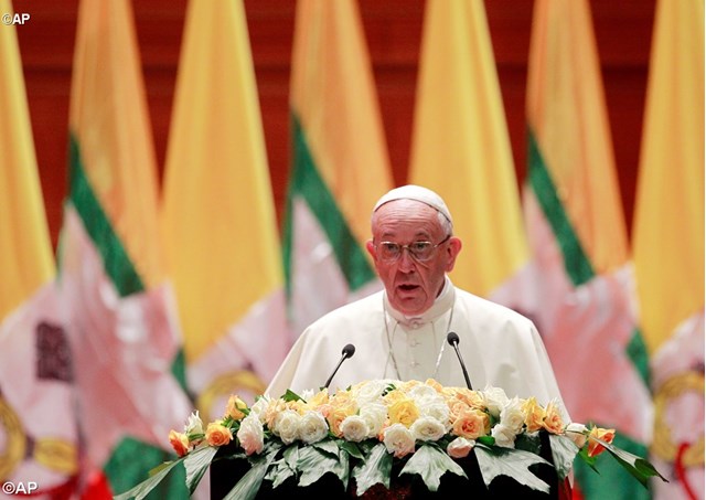 Pope Francis addresses Myanmar's government authorities and civil society - AP