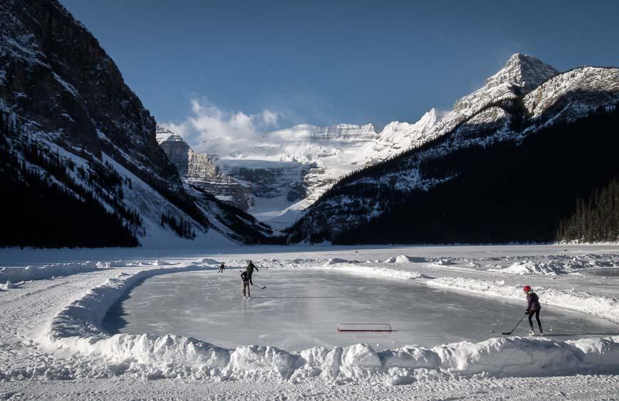 Playing shinny on Lake Louise