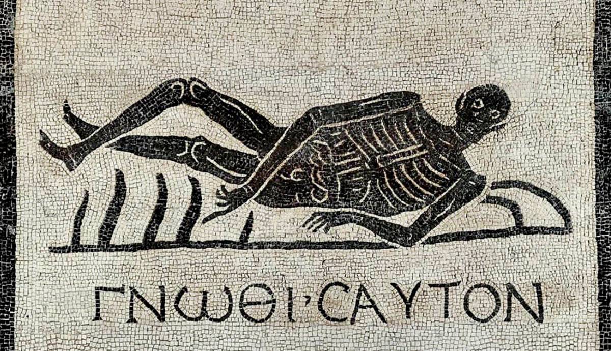 roman floor mosaic skeleton know thyself