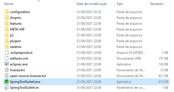 Onde encontrar na pasra o executável do Spring Tool (Spring Boot)