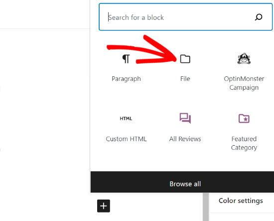 adicionar bloco de arquivo no editor wordpress