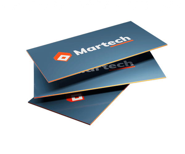 Three sandwich business cards. The top and bottom sheets of the triple layer business cards is printed blue and the interior sheet is orange.