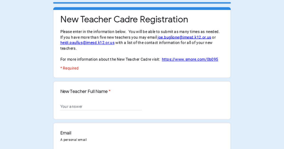 New Teacher Cadre Registration 