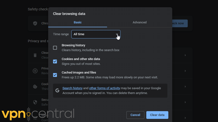 Clear Browsing data on Chrome