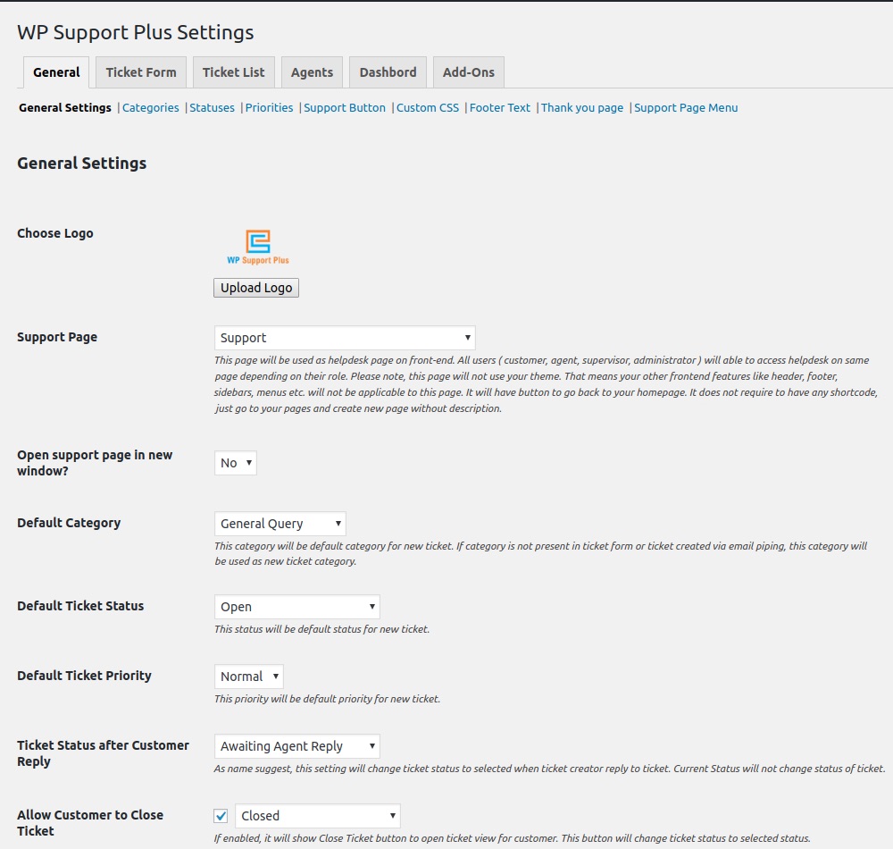 Configurações do WP Support Plus
