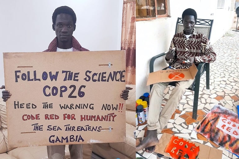 Babu holds a sign saying follw the science COP26. Another image shows him making signs while sat on his porch.