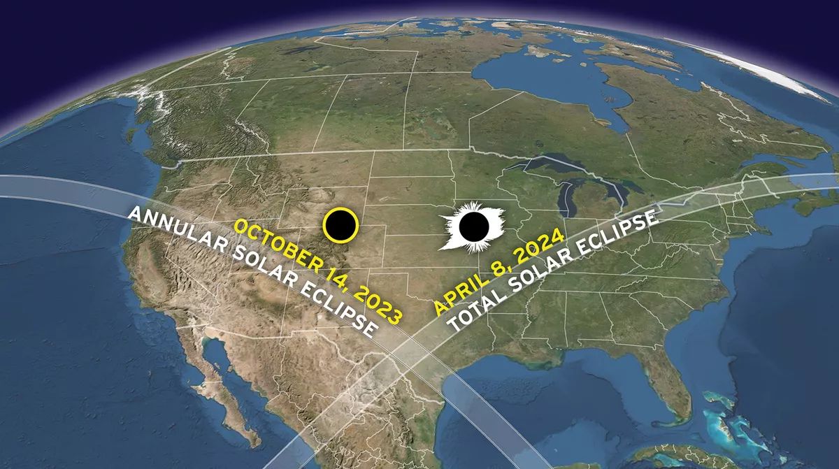 2023 Solar Eclipse path and 2024 Solar Eclipse path