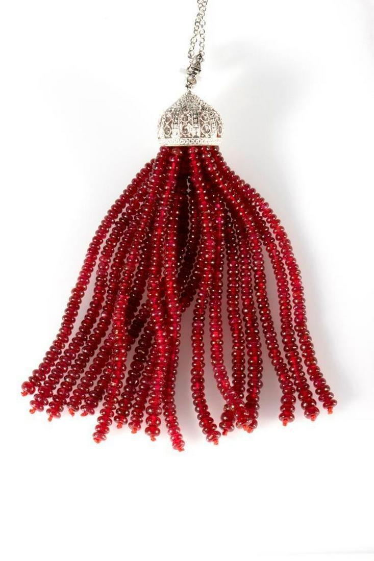 Ruby, diamond, 18k white gold tassel pendant