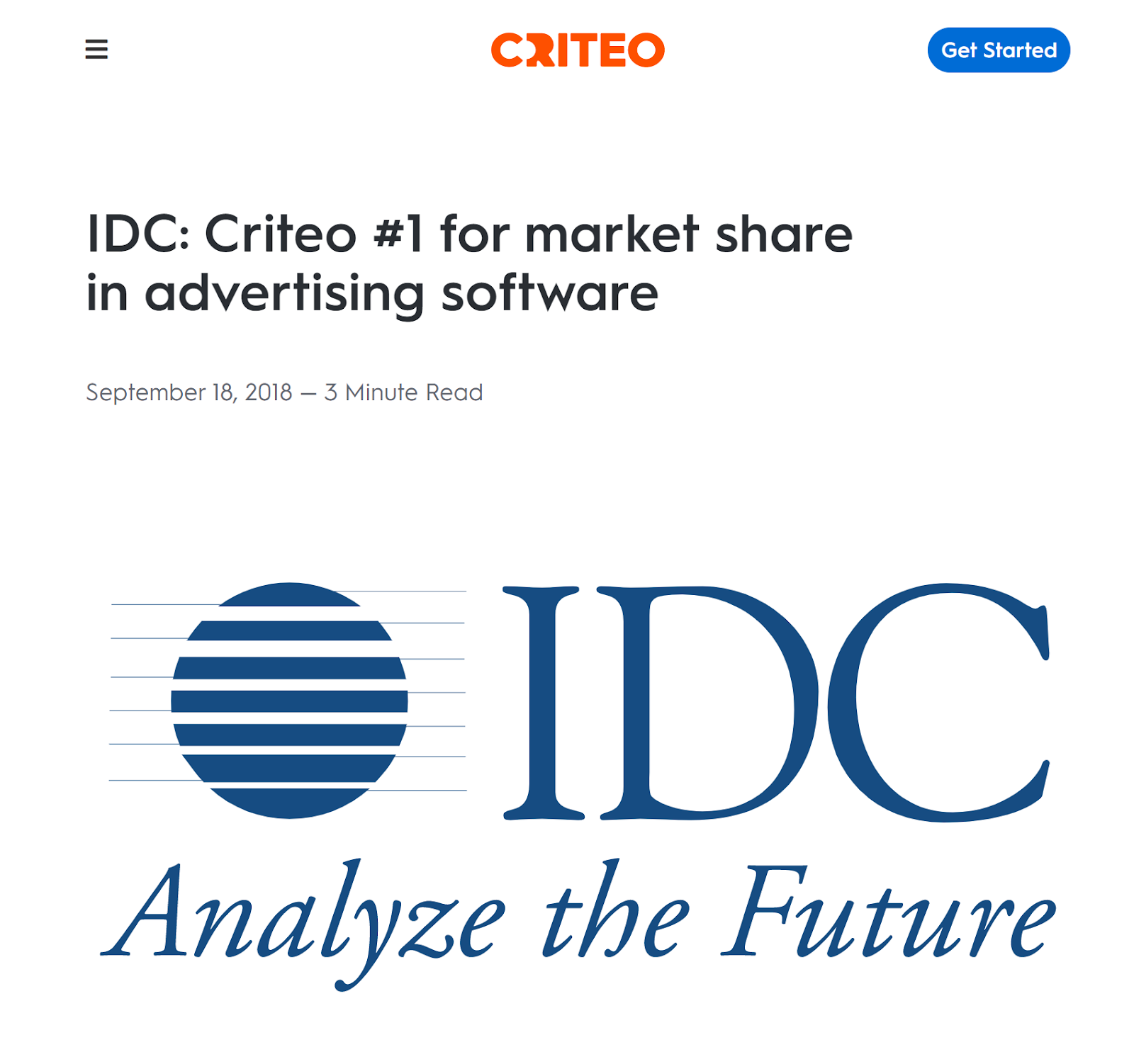 A screenshot of a blog on Criteo's website titled "IDC: Criteo #1 for market share in advertising software"