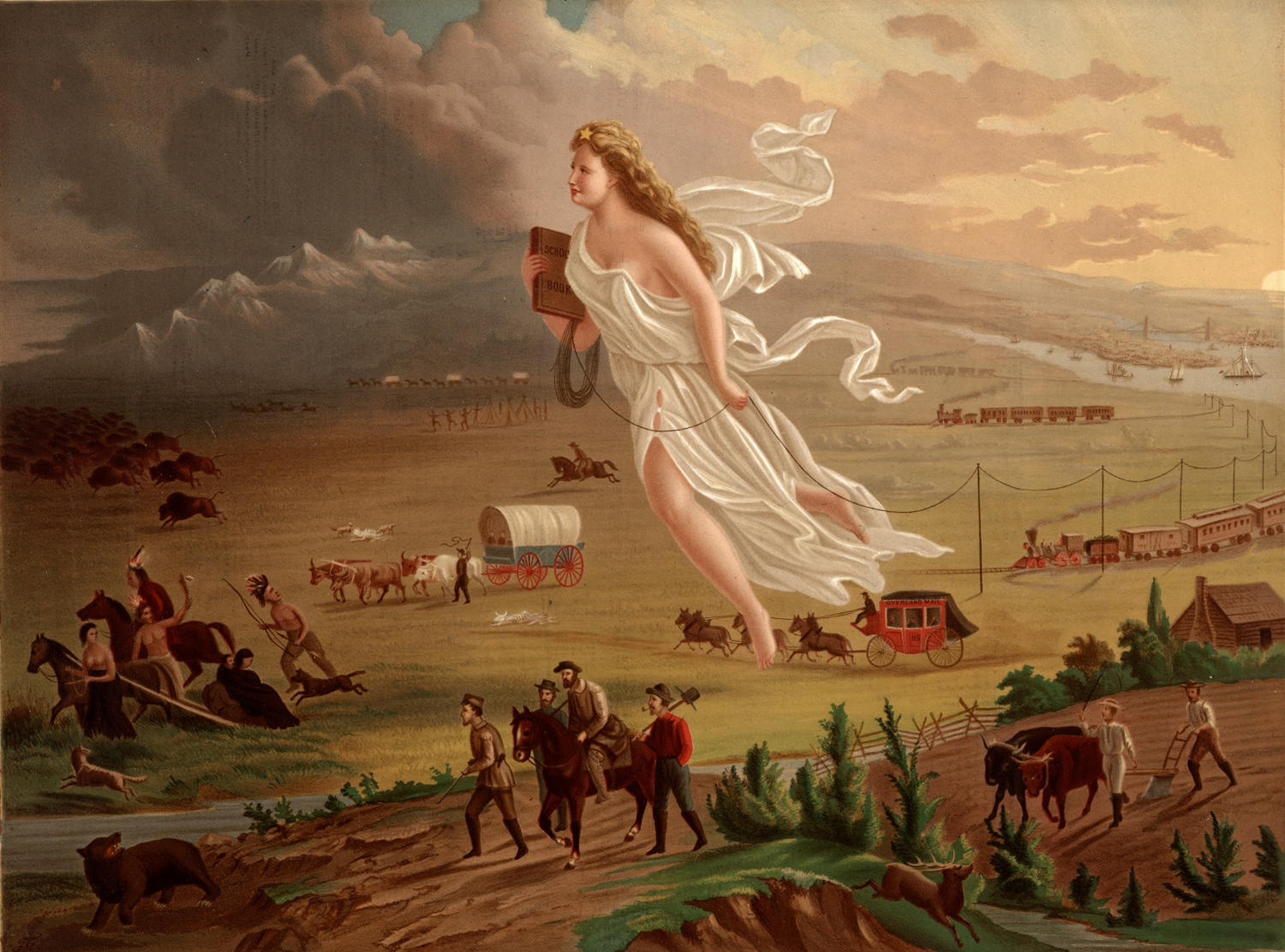 In this allegorical illustration of Manifest Destiny named American Progress (1872), John Gast depicts the modernization of the wild west. Columbia, a personification of the United States, is shown leading civilization westward with the American settlers.