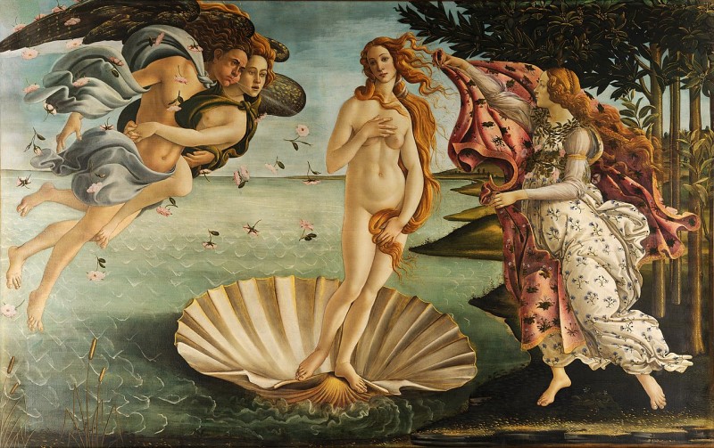Renaissance painting of a nude women, representing Venus, riding in a scallop shell. There are two flying figures to her left, and a clothed woman to the right who may be trying to toss some clothing over Venus.