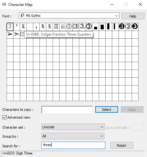 searching for three-fourths symbol in character map view