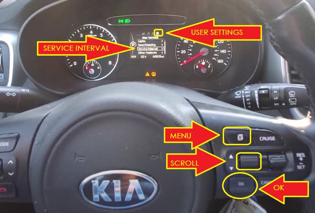 Kia Sorento change the service interval schedule -press the menu button navigate user settings scroll to service interval