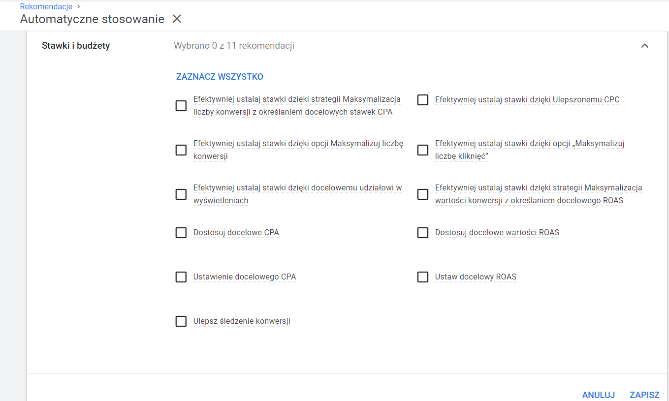 Rekomendacje automatyczne w Google Ads