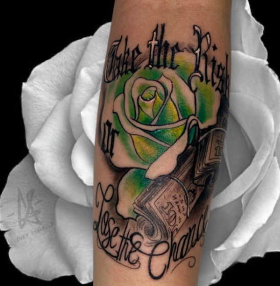 Green Rose With Money Tattoo