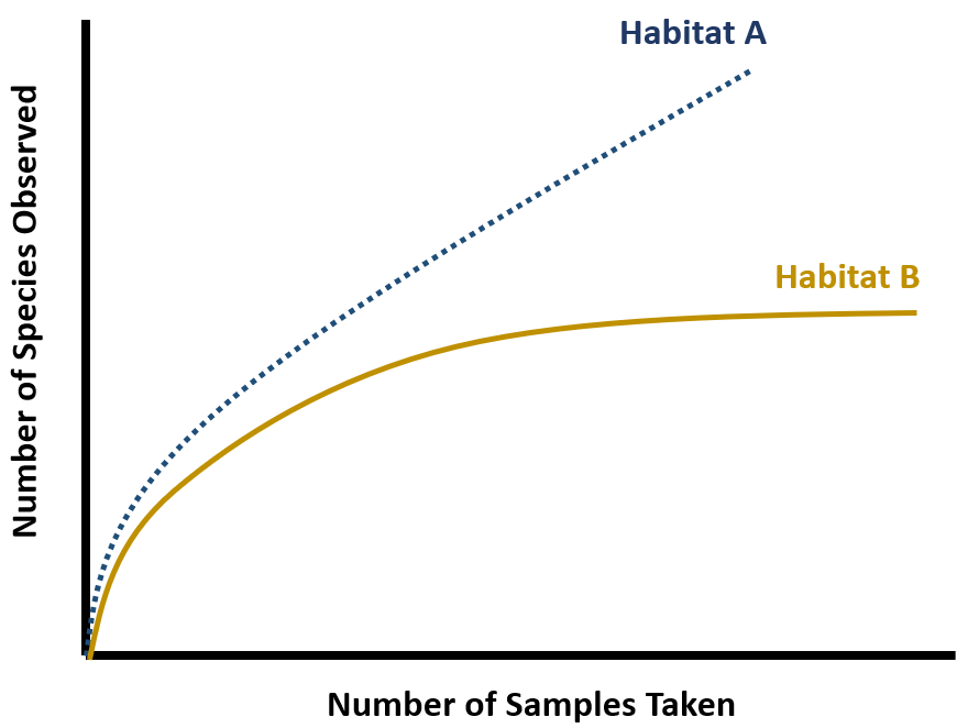 A simple rarefaction curve plots the different trajectories of habitat A and B with number of samples taken by number of species observed. Habitat A rises without an asymptote, while Habitat B levels off at an asymptote.