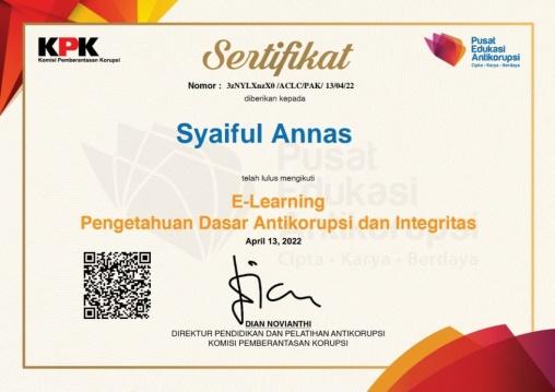WKPA dan Sekretaris Kuala Kapuas Berhasil Mendapatkan Sertifikat E-Learning Pengetahuan Dasar Antikorupsi dan Integritas | (26/4)