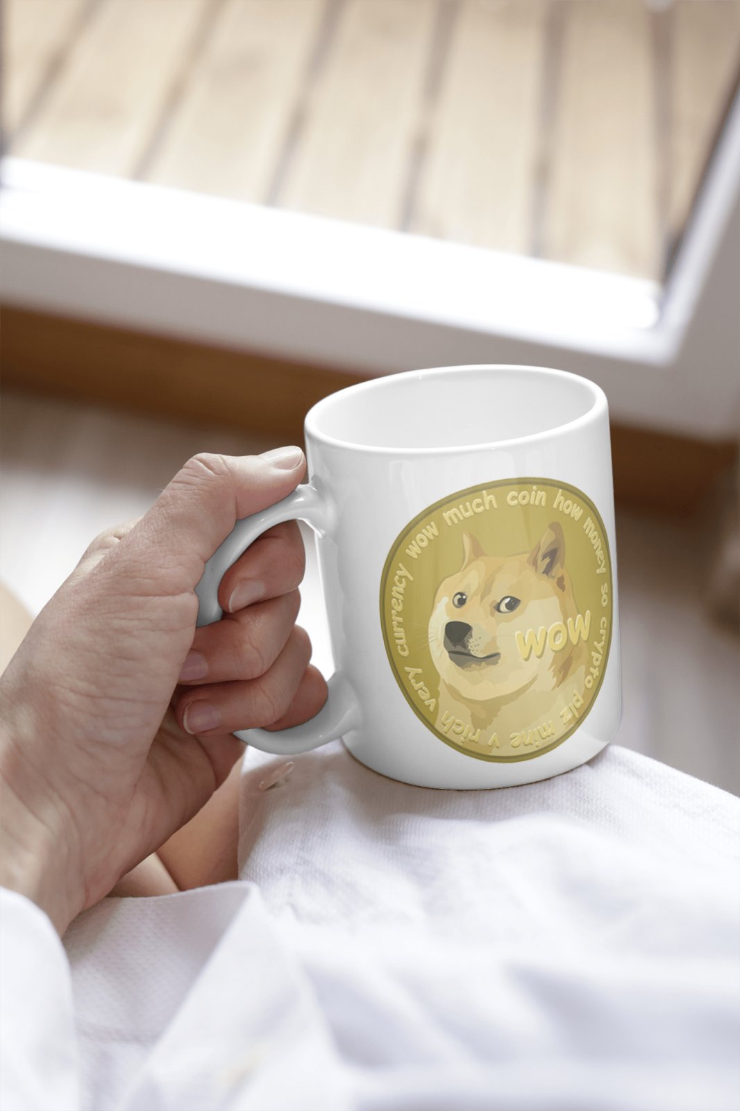 Mug mockup template with a Dogecoin meme