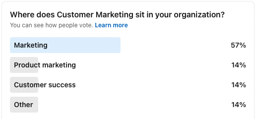 Alt: Screenshot of LinkedIn poll answering the question: Where does customer marketing sit in your organization?