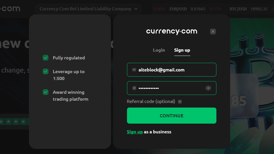 how to sign up on currency.com