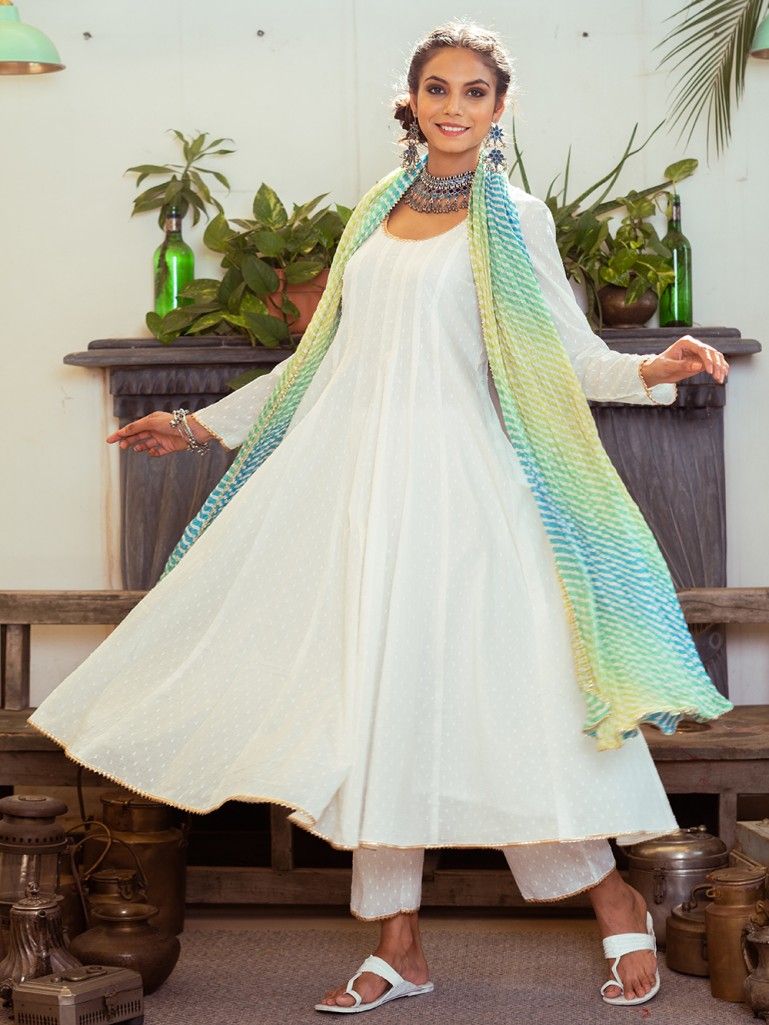 White Thread Work Cotton Anarkali Suit with Blue Green Kota Doria