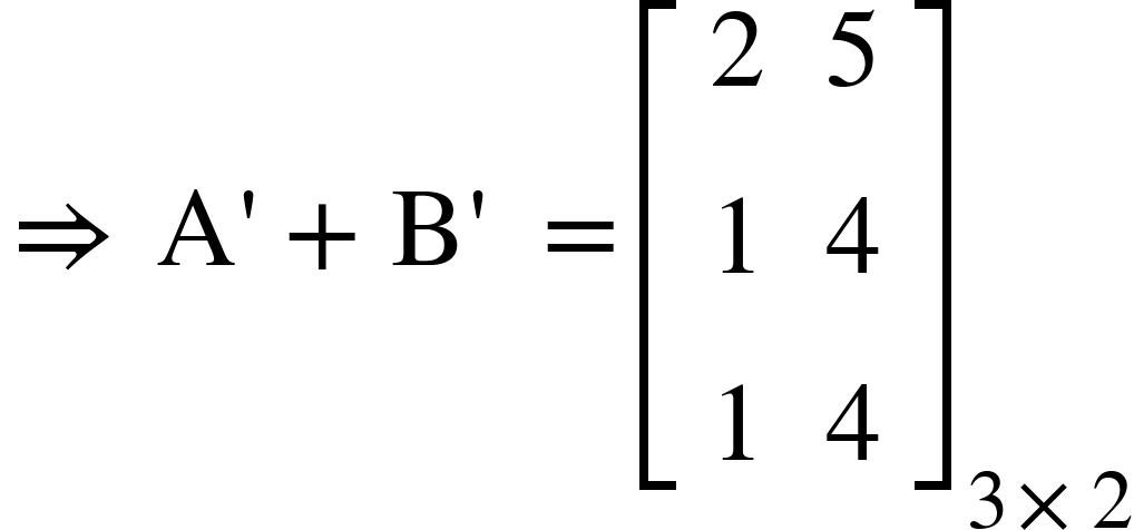 <math xmlns="http://www.w3.org/1998/Math/MathML"><mo>&#x21D2;</mo><mo>&#xA0;</mo><mi mathvariant="normal">A</mi><mo>'</mo><mo>+</mo><mi mathvariant="normal">B</mi><mo>'</mo><mo>&#xA0;</mo><mo>=</mo><msub><mfenced open="[" close="]"><mtable><mtr><mtd><mn>2</mn></mtd><mtd><mn>5</mn></mtd></mtr><mtr><mtd><mn>1</mn></mtd><mtd><mn>4</mn></mtd></mtr><mtr><mtd><mn>1</mn></mtd><mtd><mn>4</mn></mtd></mtr></mtable></mfenced><mrow><mn>3</mn><mo>&#xD7;</mo><mn>2</mn></mrow></msub></math>