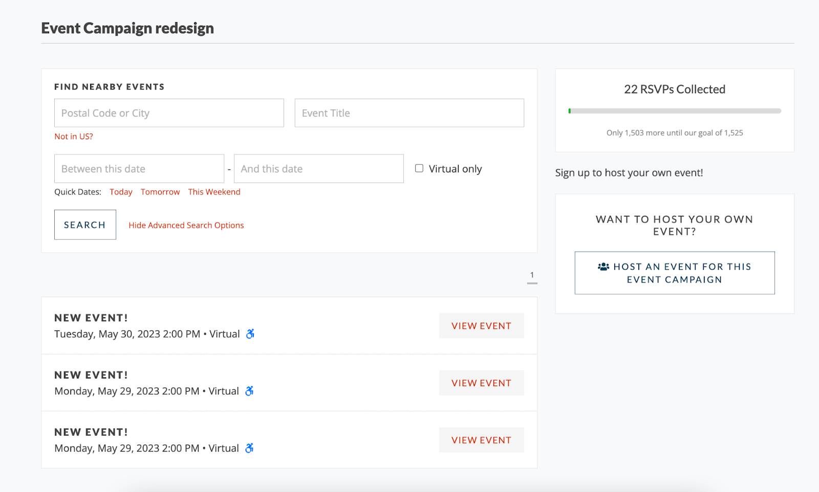 screenshot of the event campaign redesign
