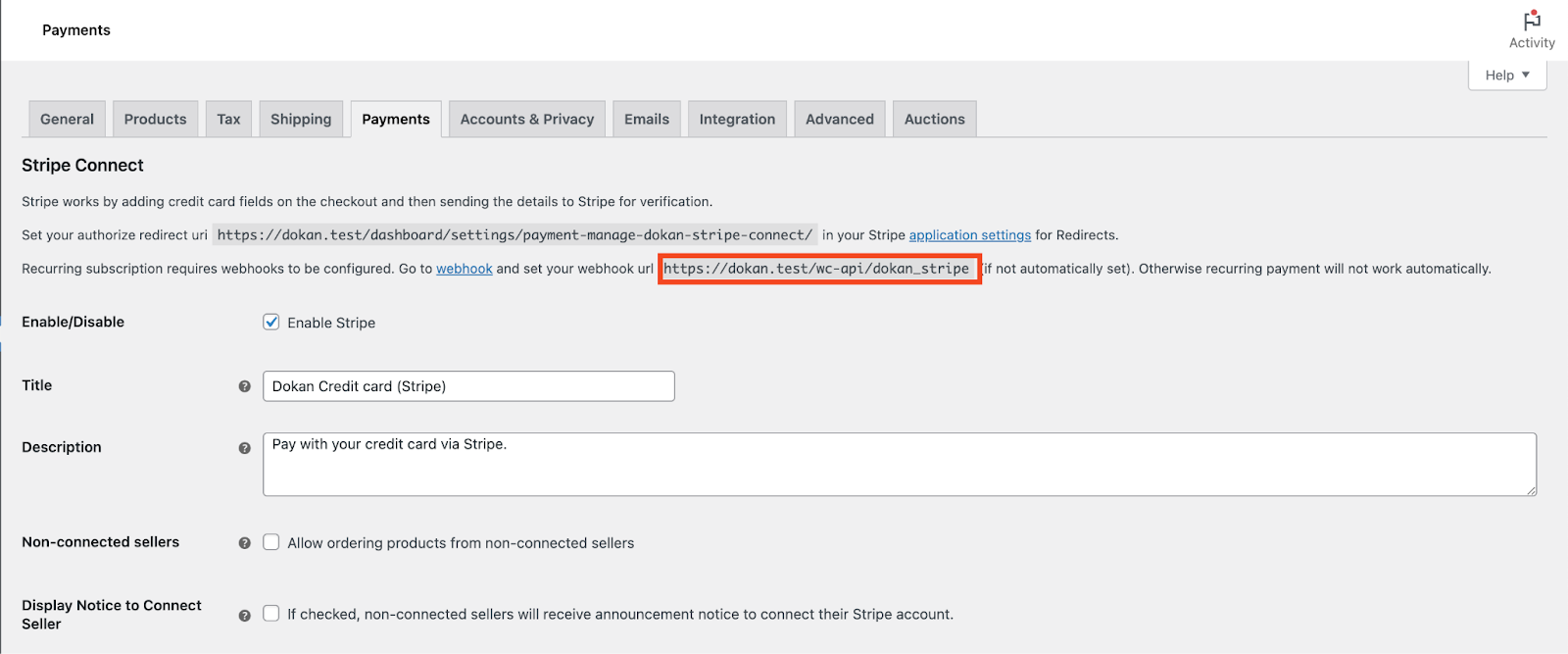 A screenshot of the Dokan Stripe Module Webhook URL