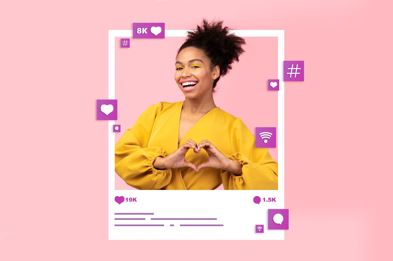 How to find influencers: smiling woman with a lot of hearts and comments around her
