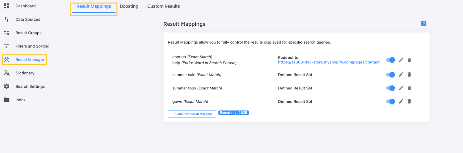 Result Mappings tab