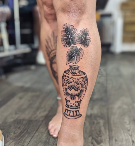 Floral Jar Monstera Tattoo