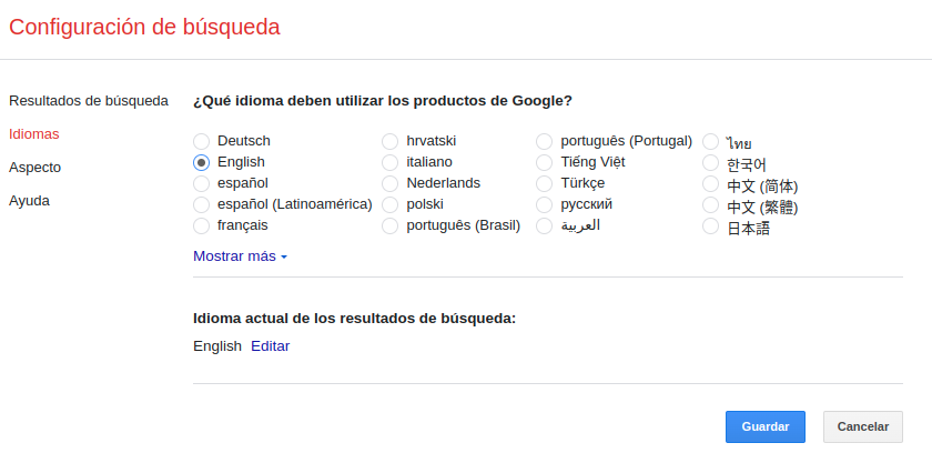Idiomas seleccionables en Google