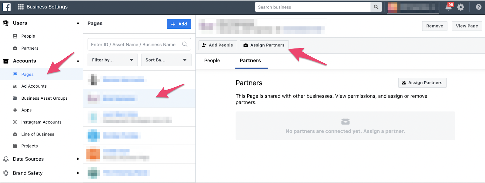 Screenshot of Pages' options on Facebook Ad Business Settings.