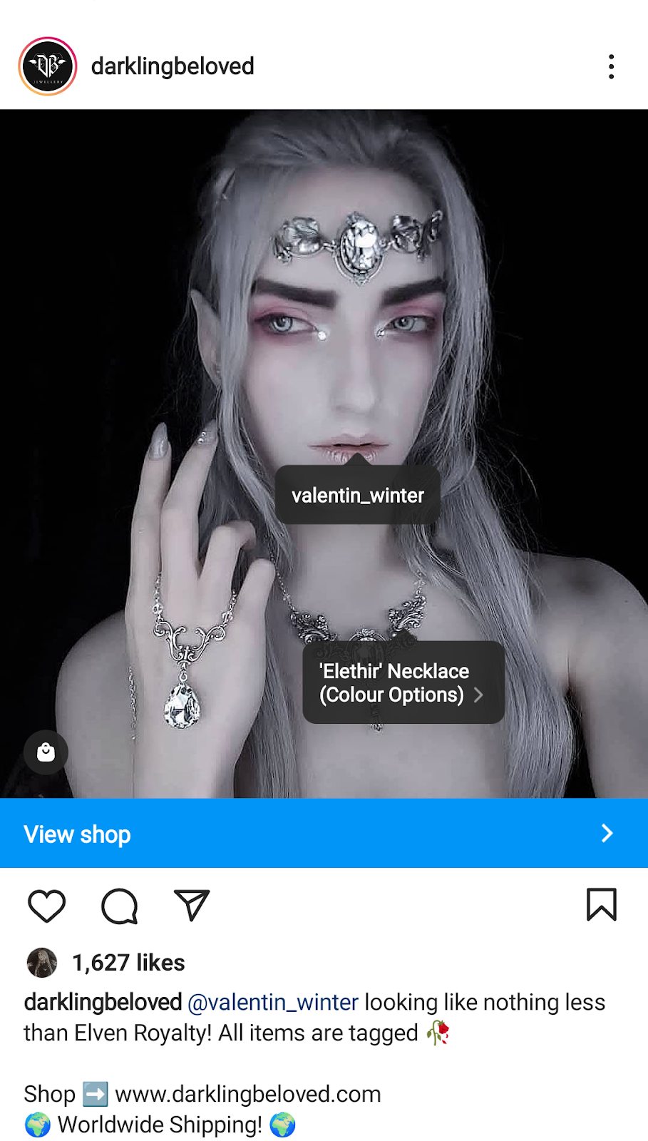 Screenshot of a shoppable Instagram post by a brand showing a creator wearing its products
