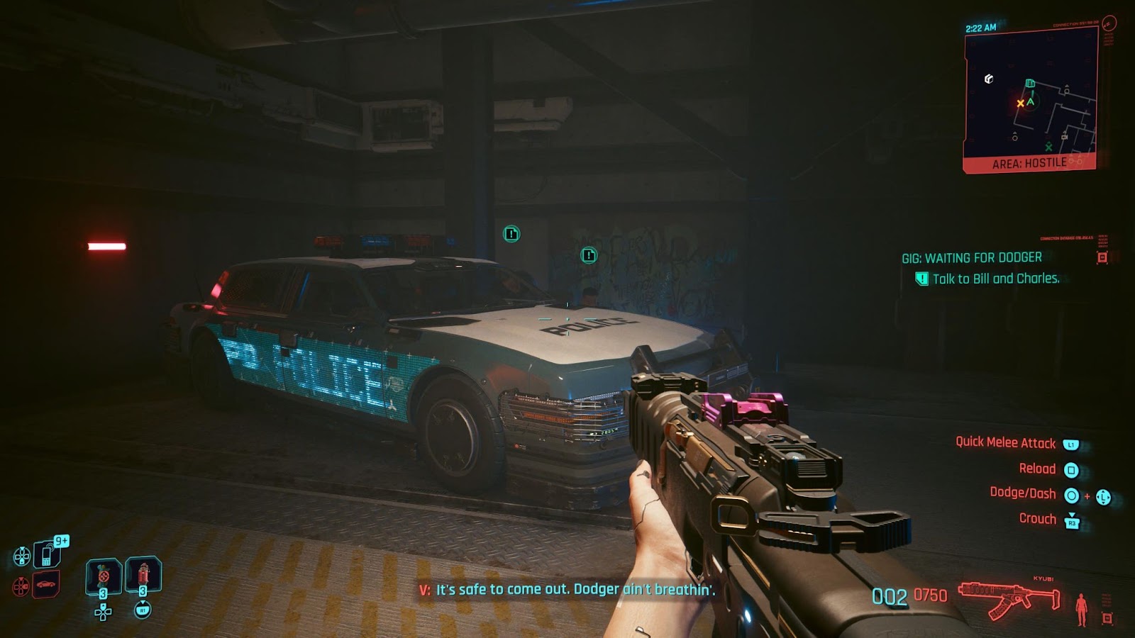 An in game screenshot of Bill, Charlie and their squad car from the game Cyberpunk 2077. 