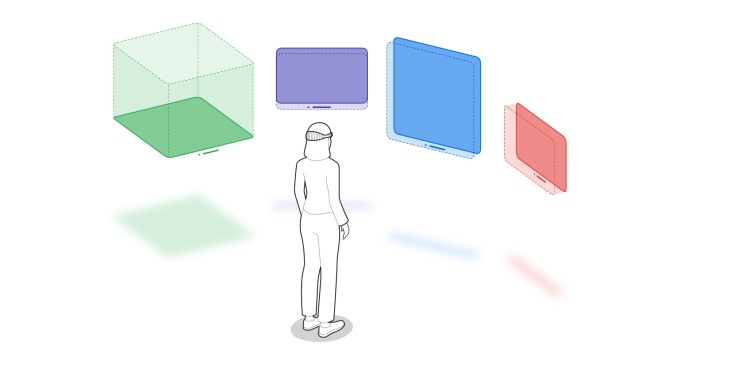 drawing of person looking at colored boxes