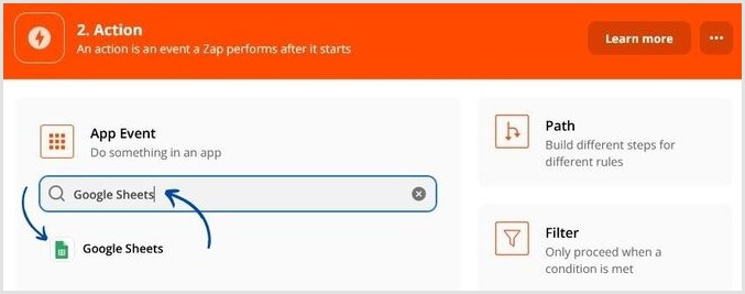 Select Google Sheets for the action
