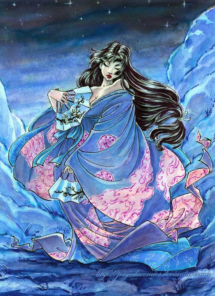 In this illustration, the Goddess of Dawn is shown wearing a blue dress with pink patterns. Her waist-length hair blows around her as she holds two kagura fans in her hands. Ame-no-Uzeme seems to be floating in the clouds.